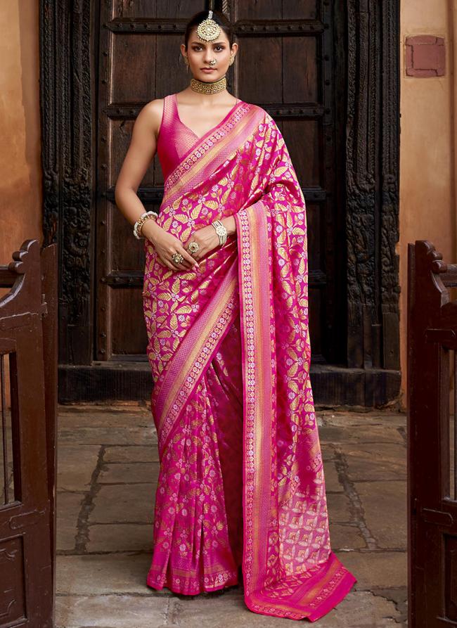 Banarasi Silk Pink Festival Wear Jaal Work Saree